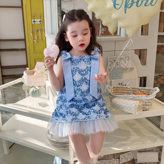 PRINCESS KESLI 1-12ปี ชุดเดรสสีฟ้าสำหรับเด็กผู้หญิง ชุดแขนกุดหางนางเงือกสำหรับเด็กผู้หญิง ชุดเดรสเกาหลีสไตล์ประดับเลื่อม