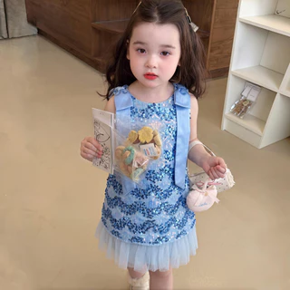 PRINCESS KESLI 1-12ปี ชุดเดรสสีฟ้าสำหรับเด็กผู้หญิง ชุดแขนกุดหางนางเงือกสำหรับเด็กผู้หญิง ชุดเดรสเกาหลีสไตล์ประดับเลื่อม