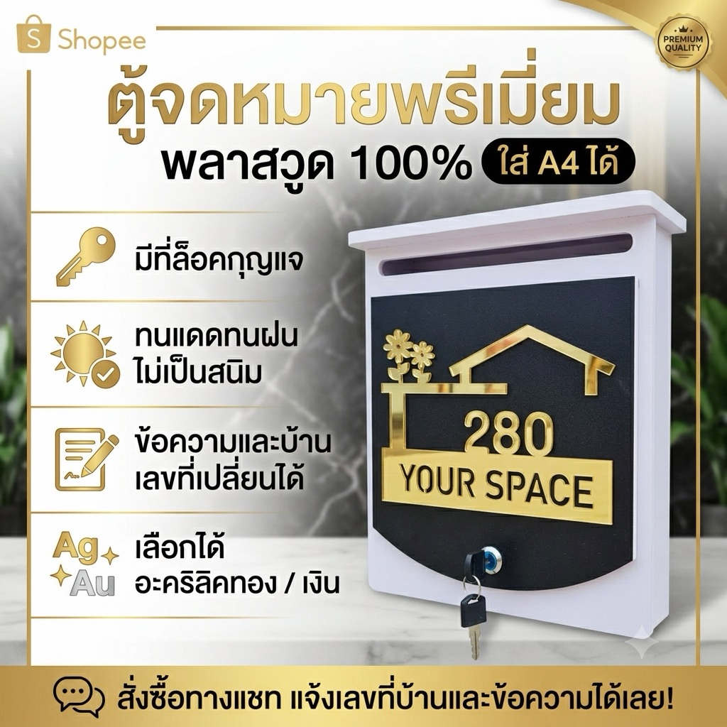 ตู้จดหมาย ตู้ไปรษณีย์ กล่องไปรษณีย์หน้าบ้าน Mailbox + บ้านเลขที่ ใส่ชื่อบ้านได้ ขนาด ใส่เอกสาร A4 ทนเเดด ทนฝน สวยหรู