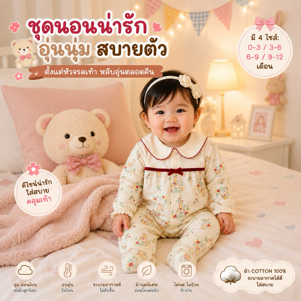 ส่งจากไทย🇹🇭 ชุดนอนหมีคลุมเท้า ผ้าคอตตอน100% ขนาด0-12เดือน