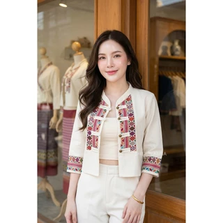 เสื้อคลุมผ้าฝ้ายคอจีนกระดุมหน้าแต่งผ้าทอ