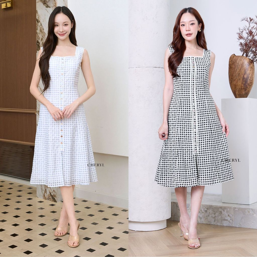 Cheryl brand - Shelby Dress in  Lace Trim Floral Gingham / ชุดเดรสแขนกุด พิมพ์ลายตารางและดอกไม้
