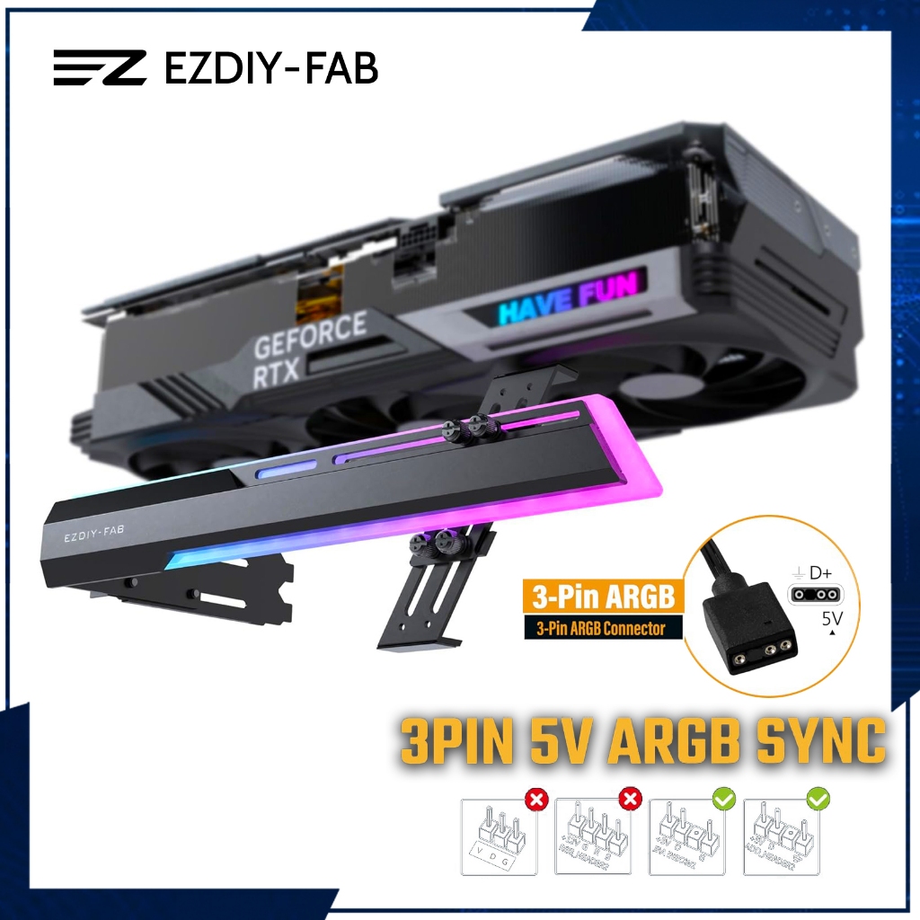 【ที่ค้ำการ์ดจอ】EZDIY-FAB Graphics Card Bracket with ARGB 5V-3Pin - Black / Strenchable, Structure,