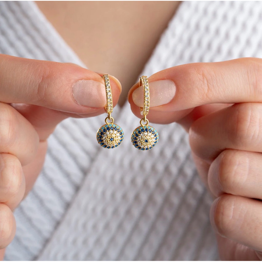 ต่างหูเงินแท้ 925 ห่วงทอง ห้อยจี้ Evil Eye ประดับเพชร CZ เสริมโชคลาภ ปกป้องคุ้มครอง สินค้าจากตุรกี🇹🇷
