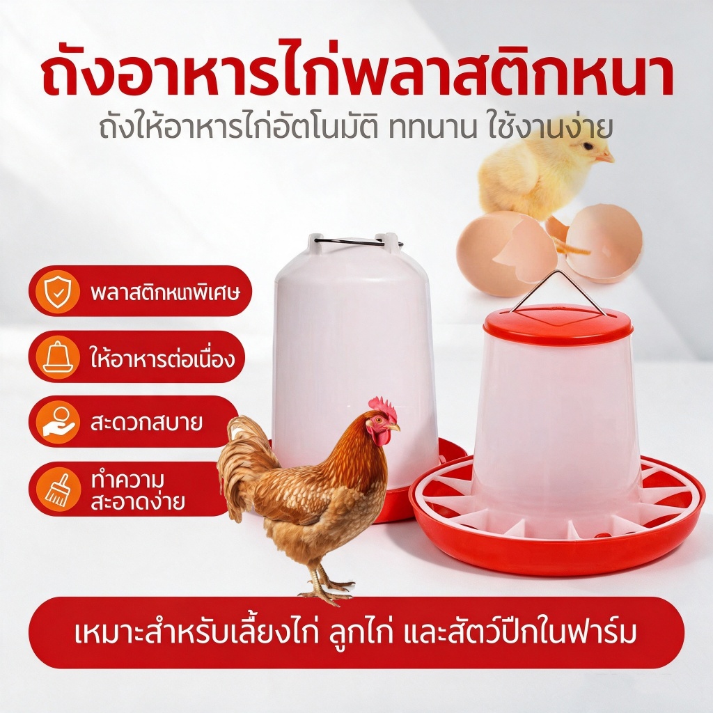 ถังอาหารไก่ ที่ให้อาหารไก่ ถ้วยให้อาหารไก่ ป้องกันไก่เขี่ย ถังให้อาหารไก่ ถังให้อาหารไก่อัตโนมัติ ความจุขนาดใหญ่