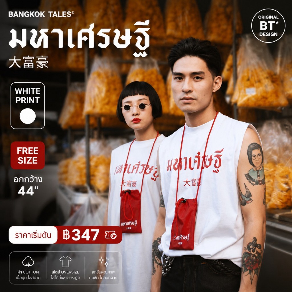 [Bangkok Tales] เสื้อแขนกุดมหาเศรษฐี สีขาว สีแดง Oversize Unisex อก 44 นิ้ว