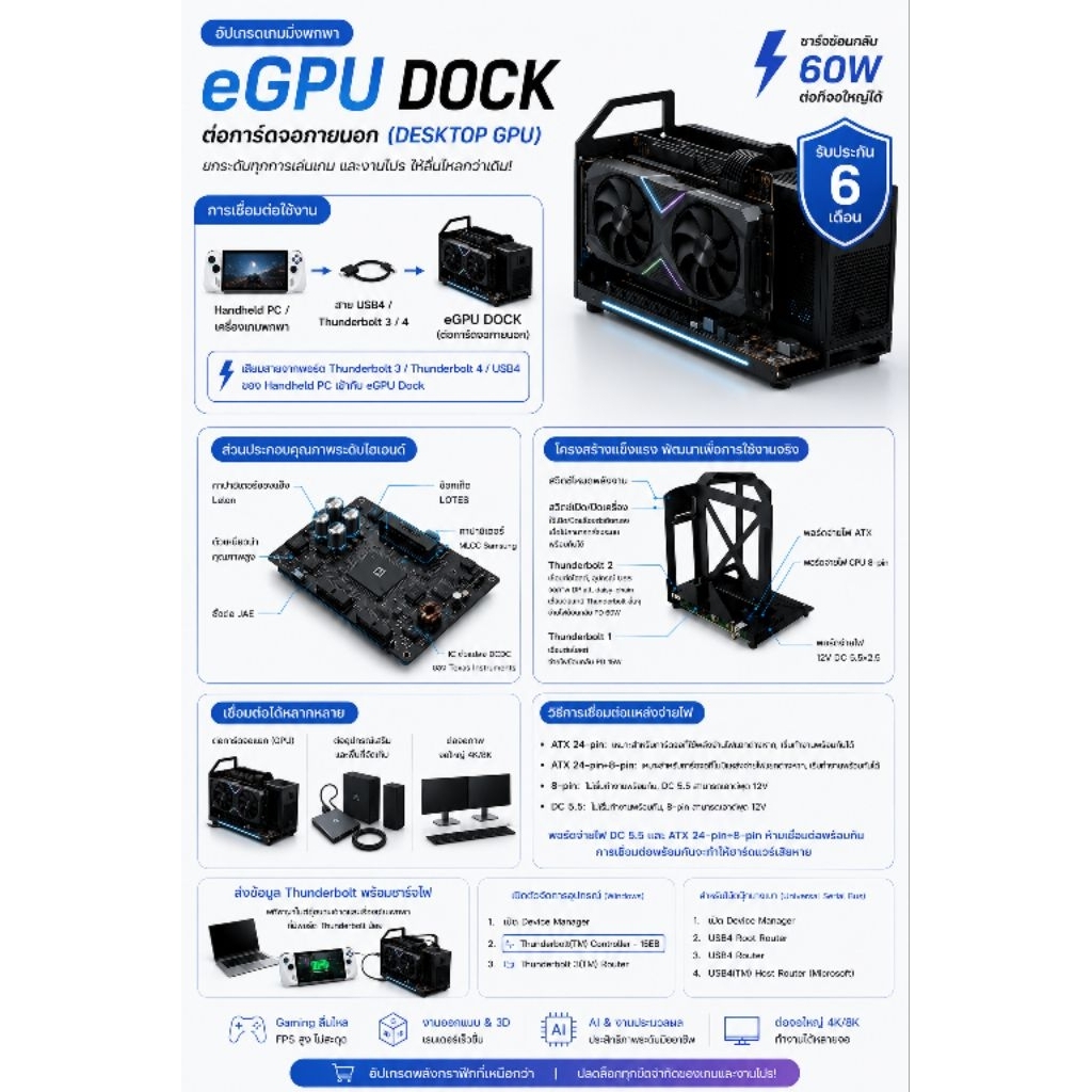 (ส่งฟรี) EGPU Dock แท่นต่อการ์ดจอภายนอก สำหรับ gaming handheld และ notebook มี PD Charge