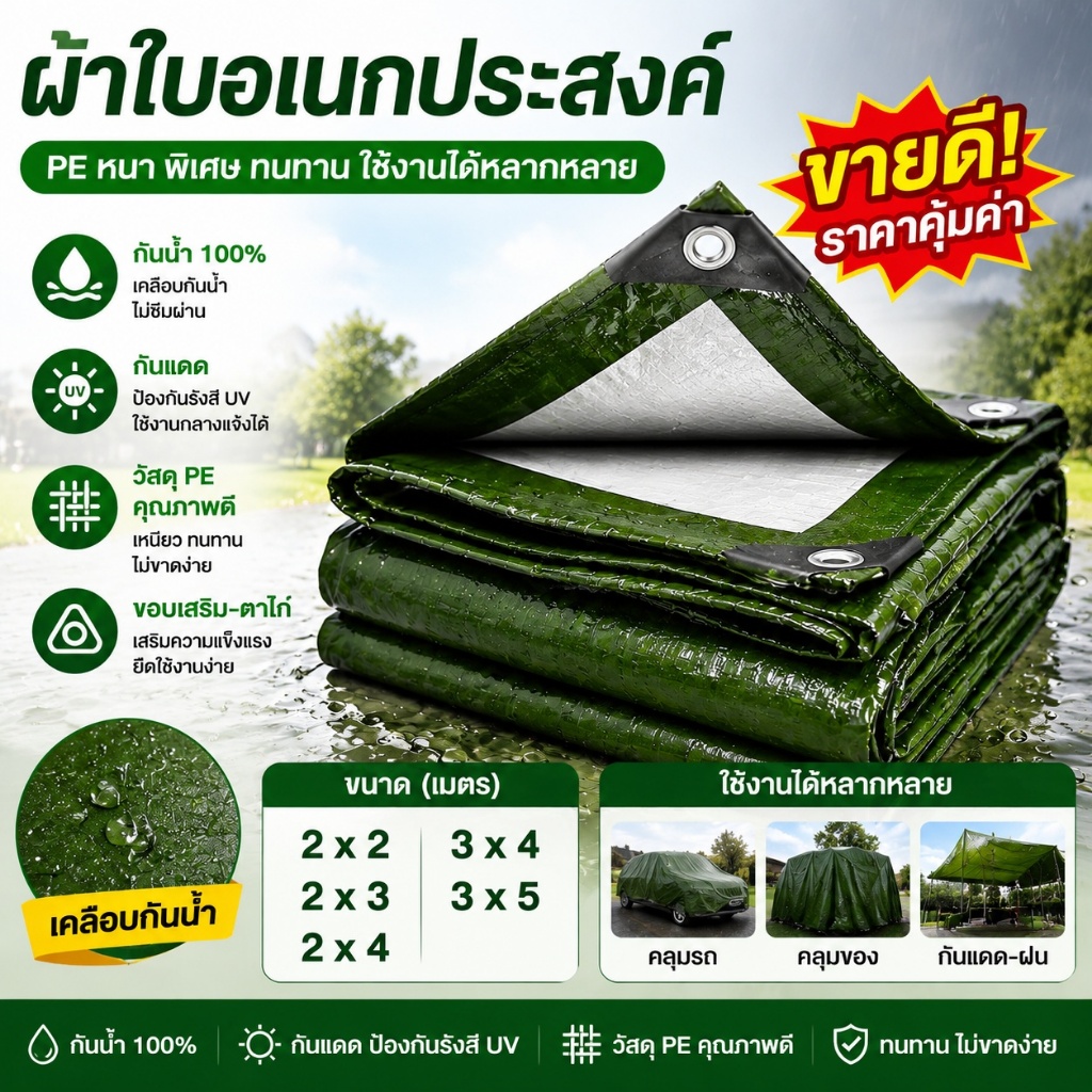 99Living ผ้าใบกันสาด ผ้าใบกันน้ำ กันสาด ผ้าใบกันฝน ผ้าใบกันแดด คลุมรถ อเนกประสงค์ 2x2 2x3 2x4 3x4 3x
