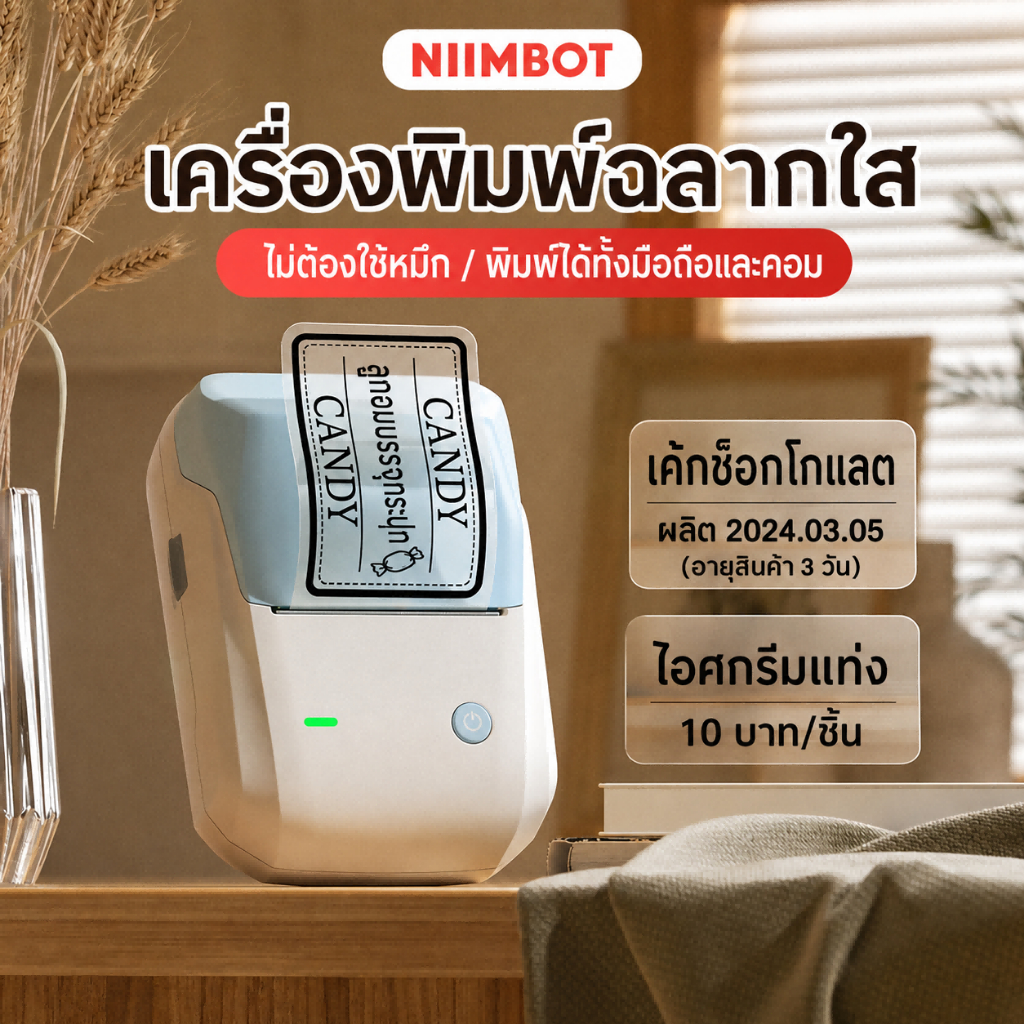 NIIMBOT B1 เครื่องพิมพ์ฉลากบลูทูธ พร้อมสติกเกอร์ใส ป้ายสินค้า ราคา บาร์โค้ด QR Code ไม่ใช้หมึก 20-50 มม