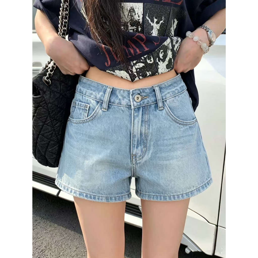 ส่งไวจากไทย S-2XL ผู้หญิงเกาหลีกางเกงยีนส์ขาสั้น เอวสูงเรียบๆกางเกงขาสั้น