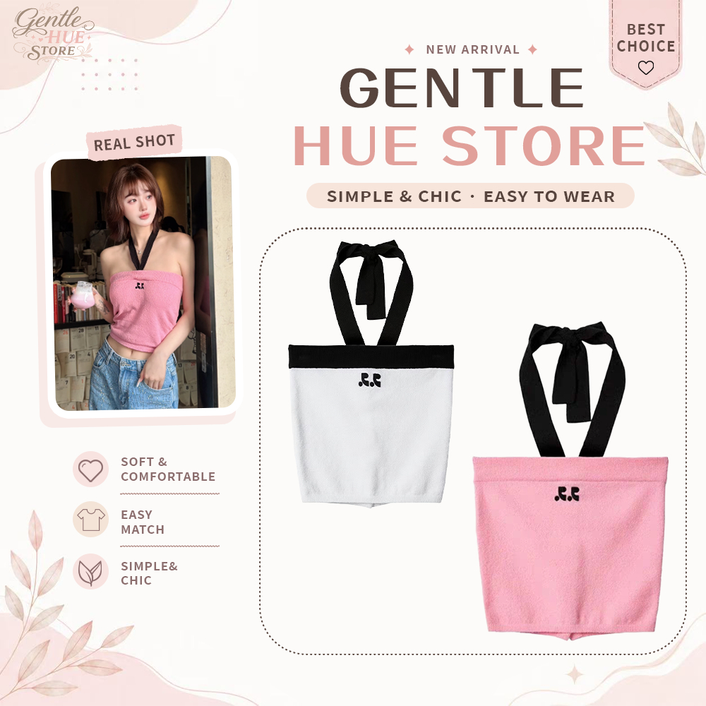 แบรนด์เกาหลี 【ของแท้ 100%】 restandrecreation เสื้อเกาะอกสายผูกคล้องคอรุ่น White/Pink