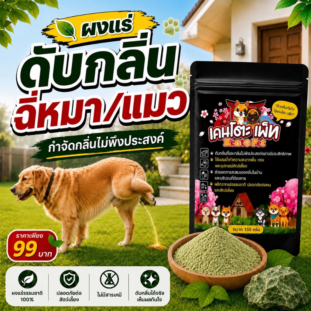 ขนาดซอง เคนโตะเพ็ท ผงแร่ดับกลิ่นเหม็นฉี่หมา แมว สัตว์เลี้ยง ผงแร่ธรรมชาติ ดูดซับกลิ่นไม่พึงประสงค์ ปลอดภัยต่อคน สัตว์เลี