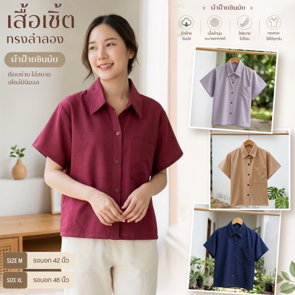 เสื้อเชิ้ตทรงลำลอง ผ้าฝ้ายชินมัย เรียบหรูดูดี