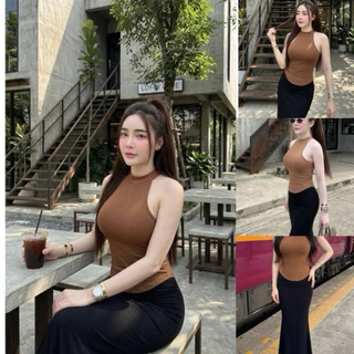 COZE-450-เซ็ต2ชิ้นคอเต่าแขนกุดเสื้อตัวยาวเว้าเอว+กระโปรงทรงยาวหางปลา