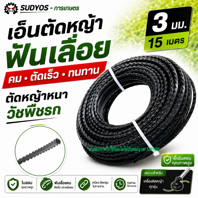 เอ็นตัดหญ้า ฟันเลื่อย 3 มม. 15 เมตร เอ็นไนลอน คม ตัดเร็ว ทนทาน ตัดหญ้าหนา วัชพืชรก ใช้ได้กับเครื่องตัดหญ้าทุกรุ่น