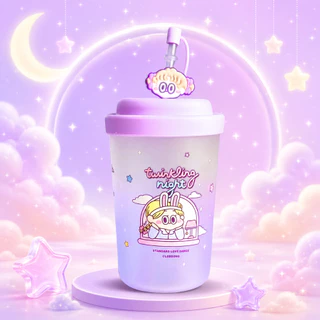 แก้วน้ำ M-17,M18-450ML พร้อมฝา+หลอด ลายการ์ตูนน่ารัก twinkling night ขนาด 450 ml. แก้วสีม่วง แก้วน้ำมีฝา ใส่กาแฟ