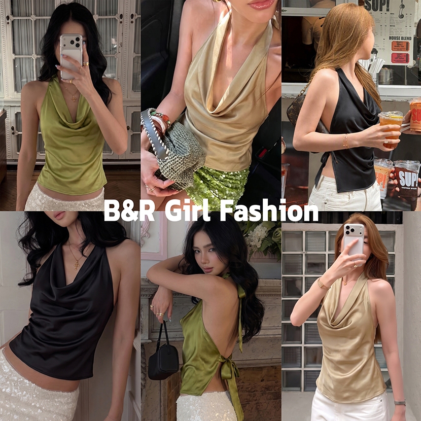 B&R พร้อมส่ง เสื้อกล้ามคอโค้งคล้องคอ ผ้าซาตินฝรั่งเศส เสื้อทรงสั้นเข้ารูป ด้านหลังผูกโบว์ เปิดหลัง