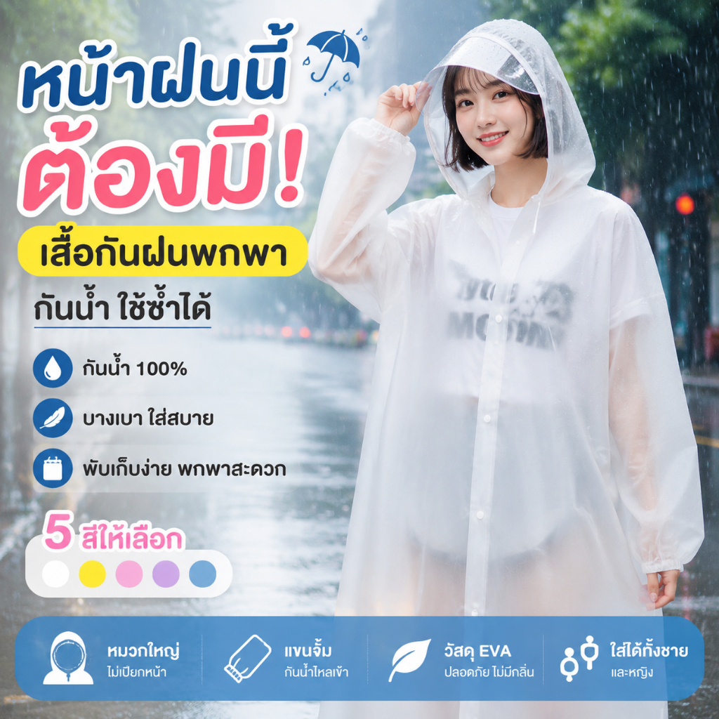 เสื้อกันฝนพกพา EVA กันน้ำ 100% รุ่นใหม่ หมวกใหญ่บังฝน ป้องกันเปียกทั้งตัว น้ำหนักเบา พับเก็บได้ ใช้ซ้ำได้ สำหรับขี่มอเตอ
