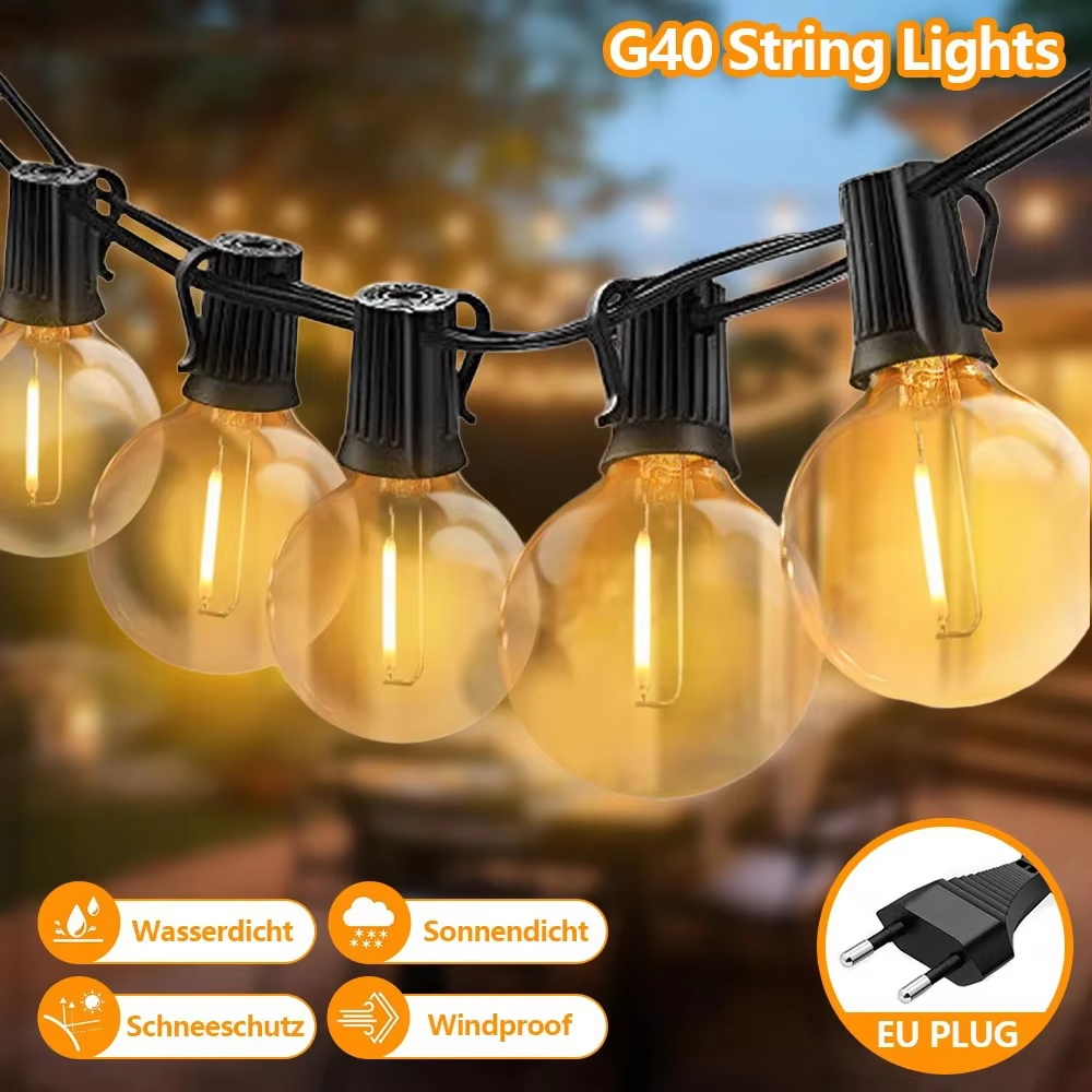 Qimedo ไฟสายLED G40 กลางแจ้ง 220V ขาวอุ่น2700K ลูกแก้ววินเทจ กันน้ำ ไฟประดับลาน-ระเบียง ไฟตกแต่งสวน แคมป์ปิ้ง งานเลี้ยง