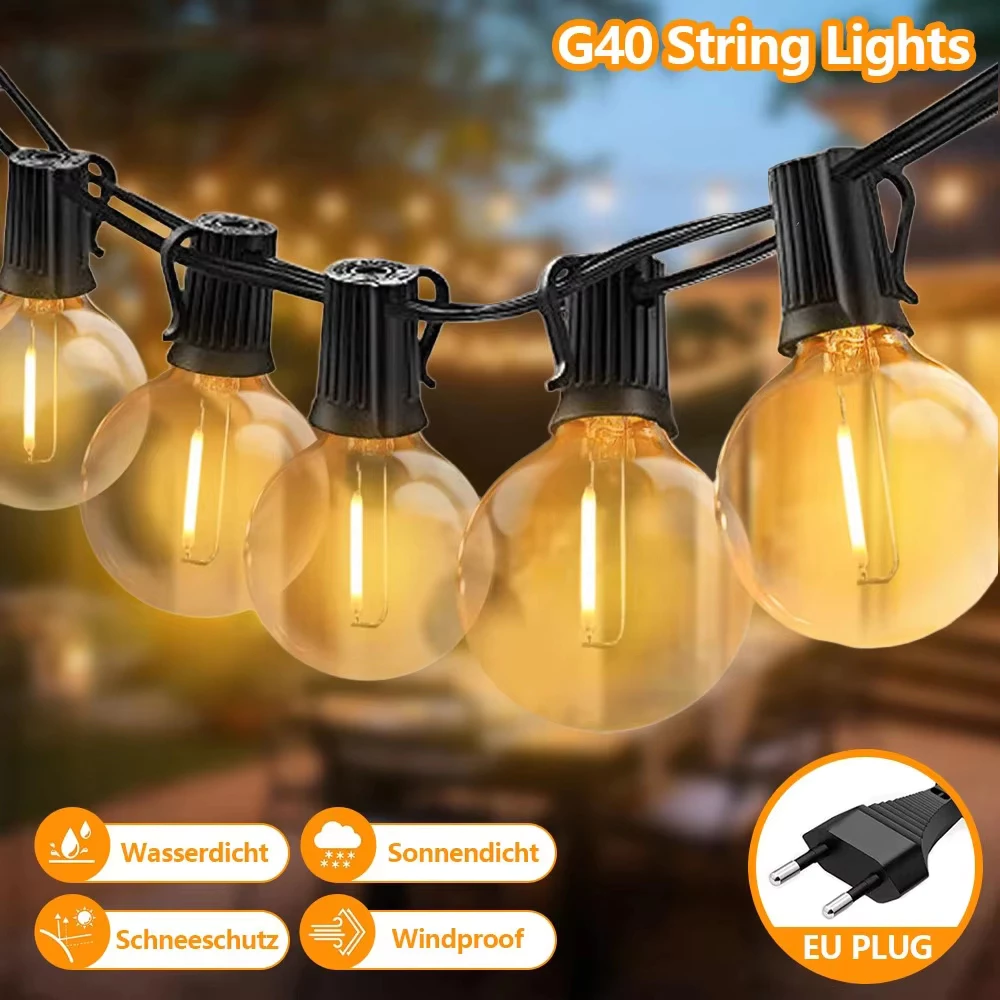 Qimedo ไฟสายLED G40 กลางแจ้ง 220V ขาวอุ่น2700K ลูกแก้ววินเทจ กันน้ำ ไฟประดับลาน-ระเบียง ไฟตกแต่งสวน แคมป์ปิ้ง งานเลี้ยง