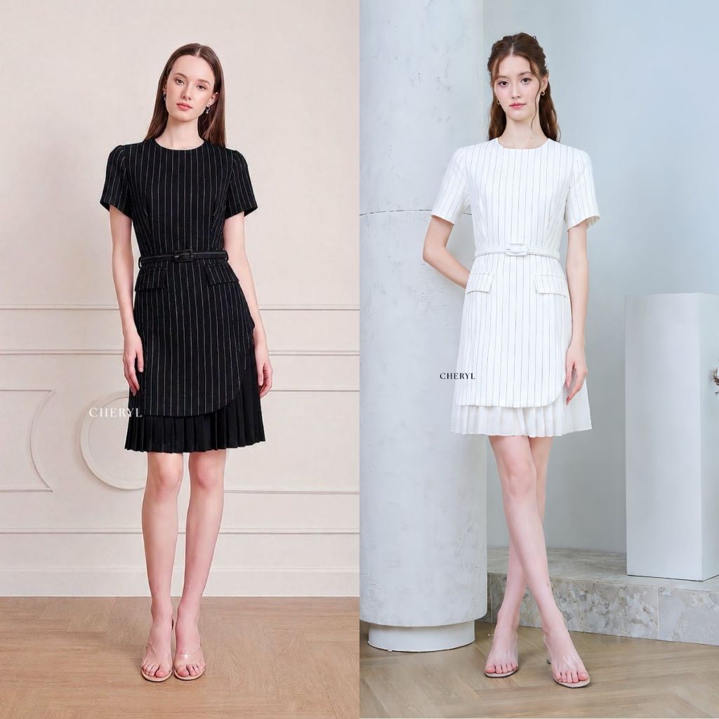 Cheryl brand - Darcie Pinstripe Pleated Dress / เดรสสีดำลายทาง กระโปรงพลีท