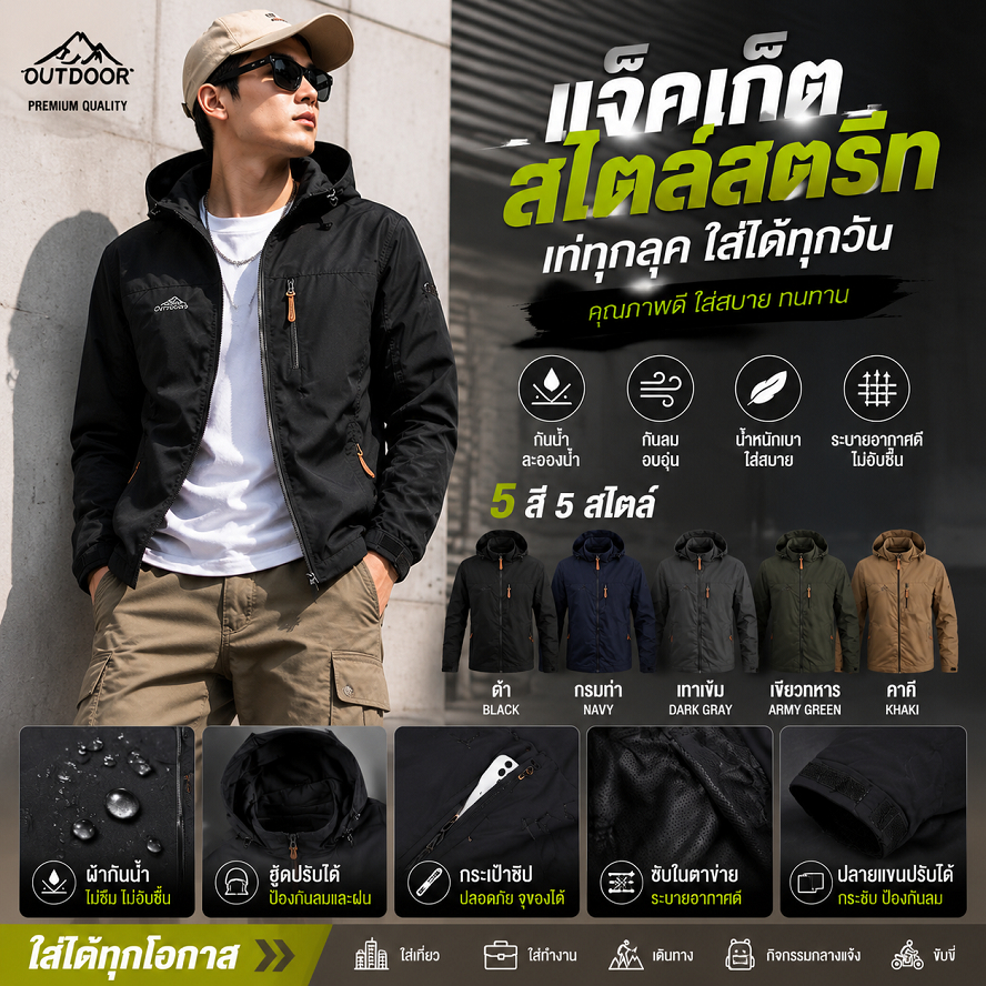 [COD]เสื้อแจ็คเก็ตผู้ชาย Premium กันลม กันน้ำ มีฮู้ด สไตล์ Street Fashion น้ำหนักเบา ใส่สบาย สำหรับ