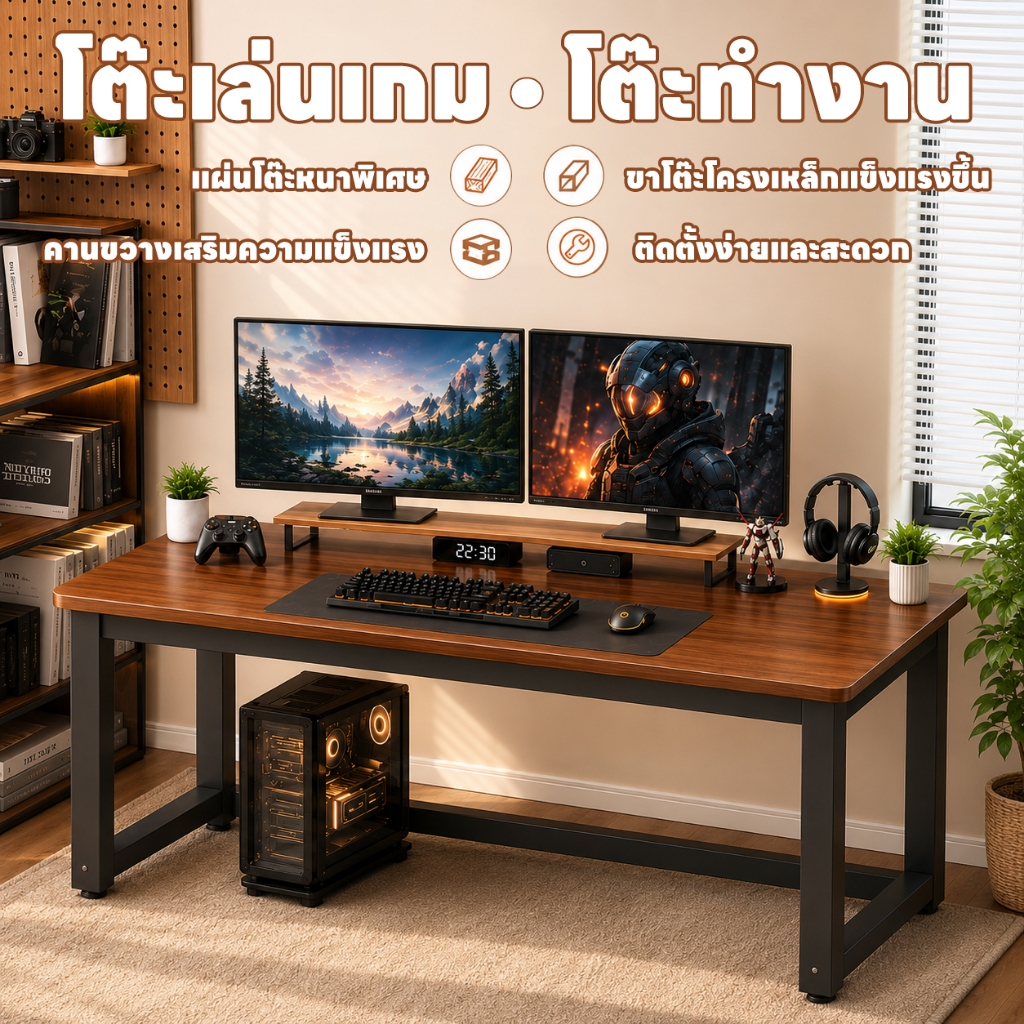 โต๊ะคอม140/120 CM วางจอคอมพิวเตอร์ได้ 2 จอ โต๊ะทำงาน ทำด้วยไม้ ขาเหล็ก มั่นคงไม่โยก สไตล์โมเดิร์น