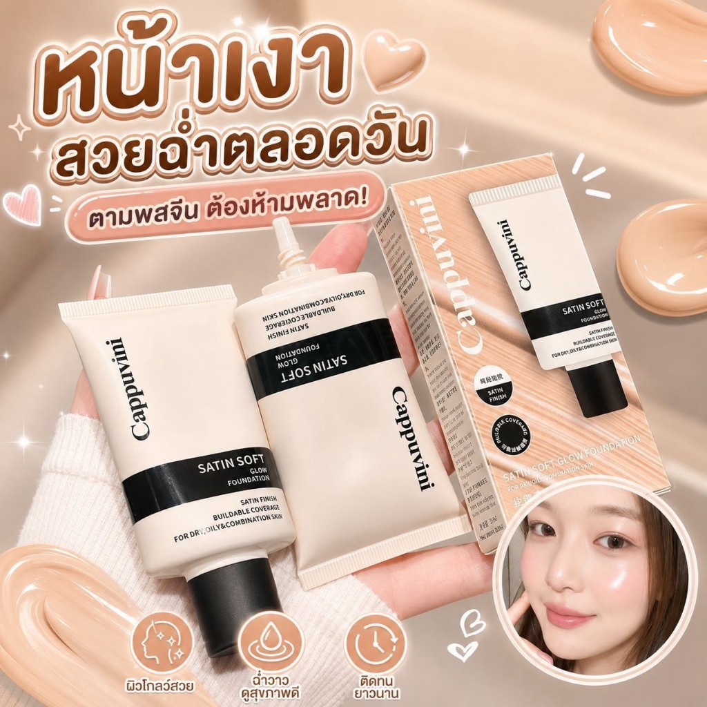 C025 Cappuvini รองพื้น ผิวฉ่ำวาว กระจ่างใส ดูเป็นธรรมชาติ ปกปิดดี กันน้ำกันเหงื่อ ติดทนนาน ขนาด 30ml