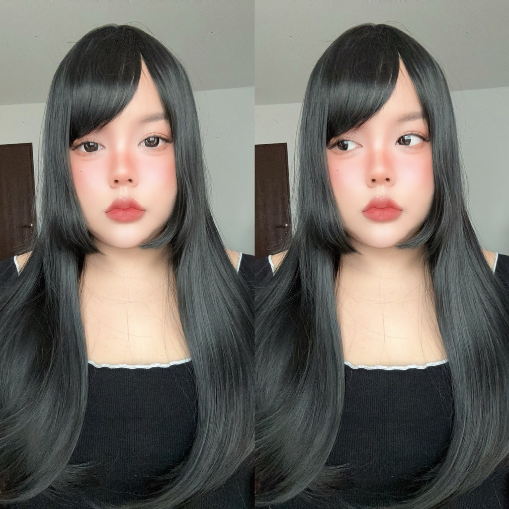 วิกผมทรงฮิมะคัท (Hime Cut) สีดำ ยาว 55 - 60 เซนติเมตร (ระดับกลางหลังขึ้นอยู่กับความสูงของผู้สวมใส่) 