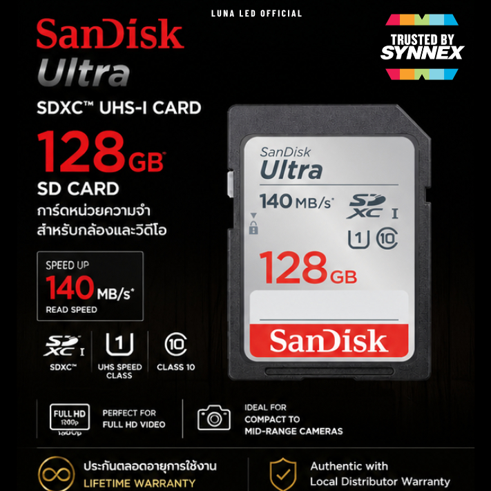 แท้ 100% SanDisk Ultra SD Card 128GB 140MB/s C10 เมมโมรี่การ์ดสำหรับกล้องคอมแพค ( SDSDUNB-128G-GN6IN
