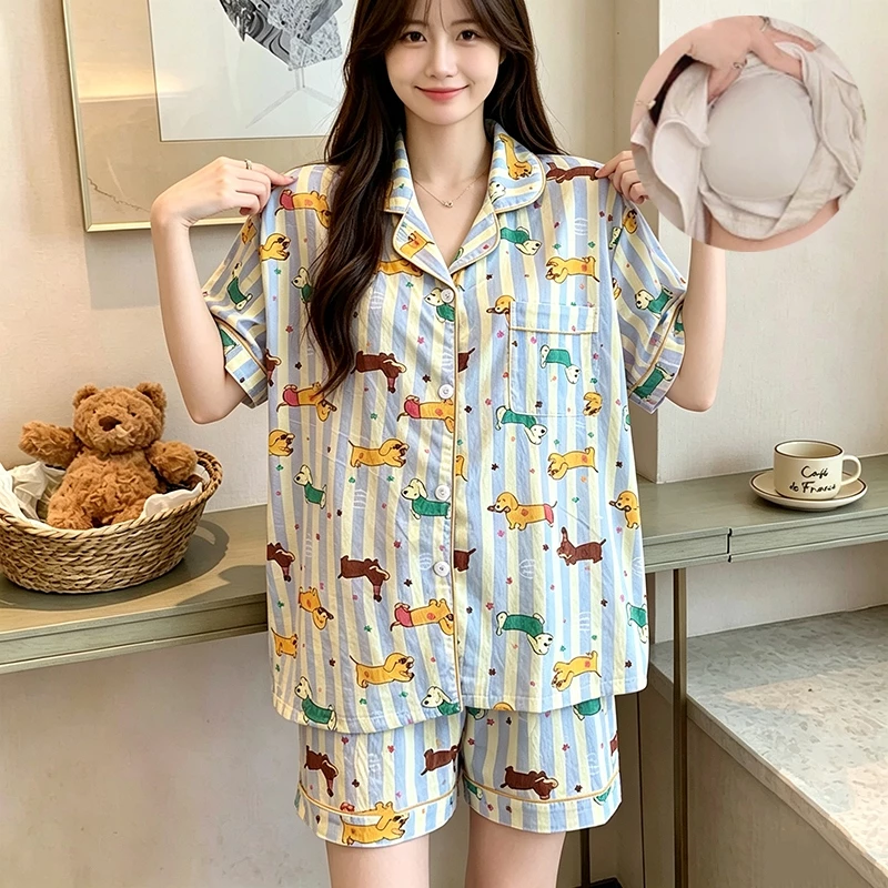 ชุดนอนผู้หญิง มีบราในตัว ไซส์ใหญ่ L-4XL อก52 ลายน่ารัก สุนัขดัชชุนด์ ลายตาราง แขนสั้นแขนยาว ผ้านุ่ม