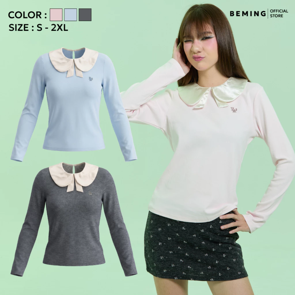 Bemingtop1256(S-2XL) - Riby Top - เสื้อแขนยาวคอบัวเพิ่มความน่ารักด้วยโบว์ด้านหน้า