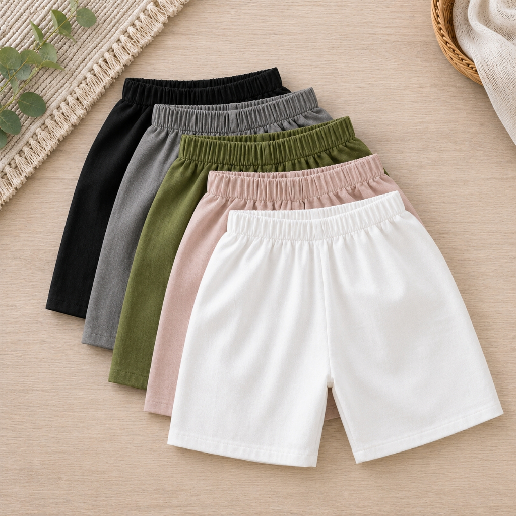 กางเกงเด็ก ขาสั้น สีพื้น มี5สี เอวยืด 16-30" รองรับช่วงน้ำหนัก 9-30 kg. ผ้าฝ้ายสาลู สวมใส่สบาย ระบายอากาศดี ไม่ร้อน