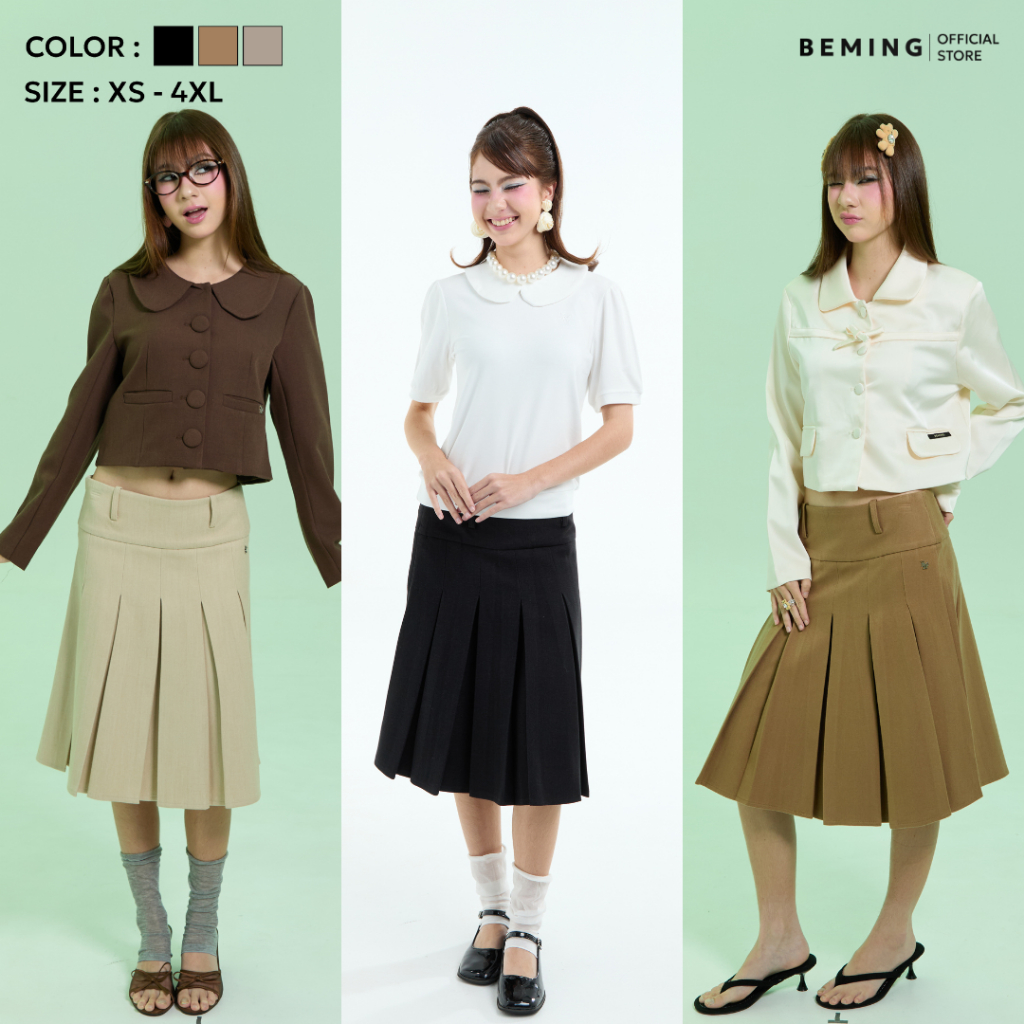 Bemingskirt099(XS-4XL) - Bonny Skirt - กระโปรงพลีทดีไซน์คลาสสิกเอวสูงช่วยเก็บทรง
