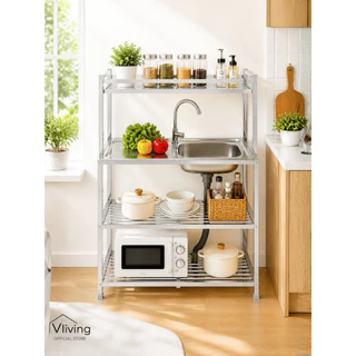 Vliving ซิ้งค์ล้างจาน อ่างล้างจาน สแตนเลสข้างทึบ 3ชั้น กลาง มีบน โครงอลูมีเนียม