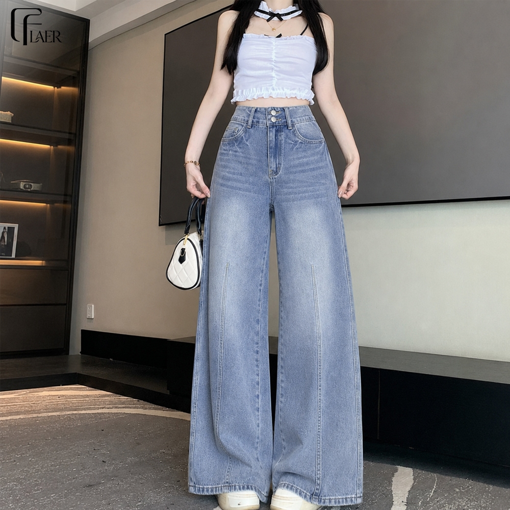 FLAER กางเกงยีนส์ผู้หญิงเอวสูง ใส่สบาย เท้ากว้าง สีดำ กางเกงยีนส์ขากว้าง สีฟ้าอ่อน รุ่นใหม่ปี 2026 ดีไซน์ไม่ซ้ำใคร