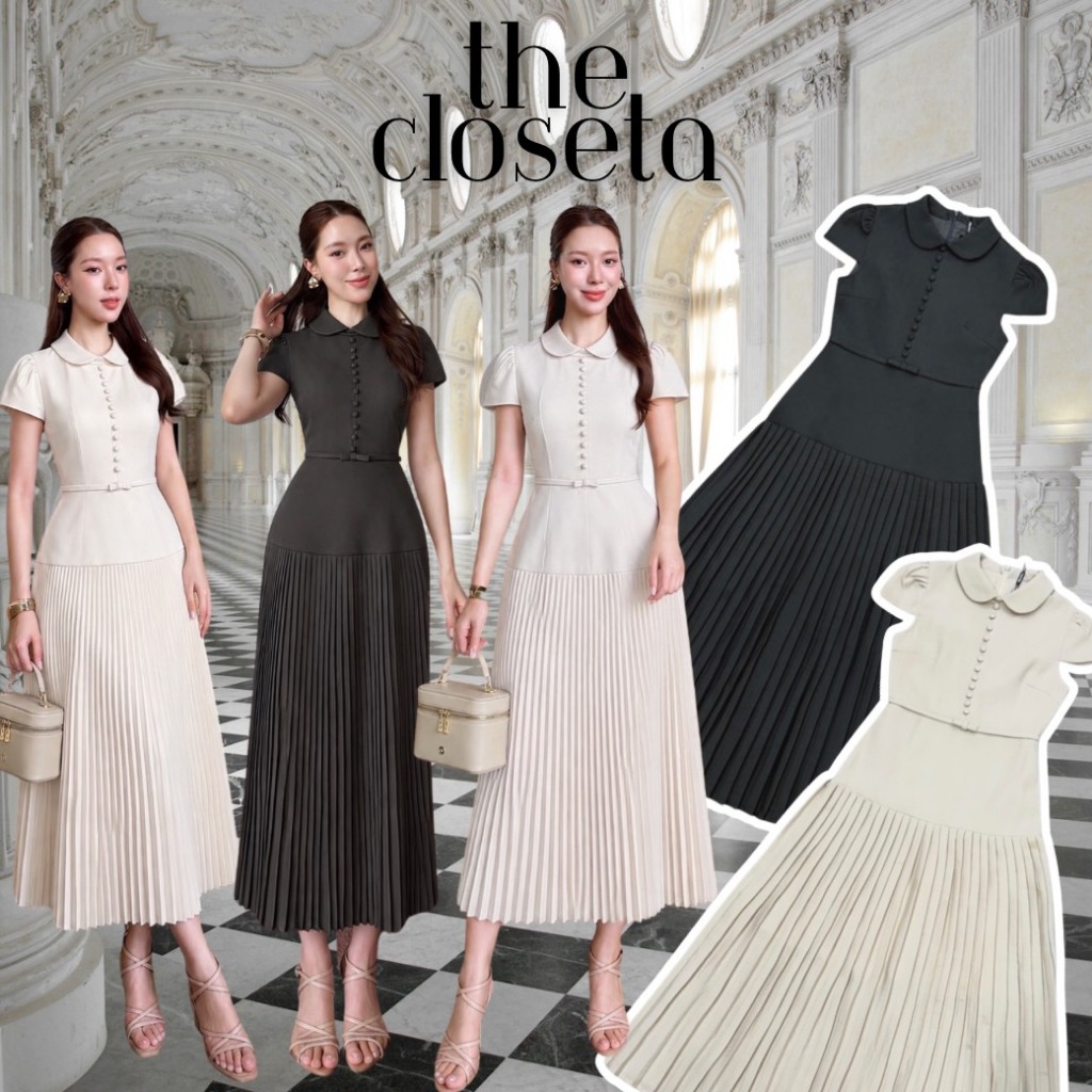 THE CLOSETA : LV352 ชุดเดรสคอบัวแขนสั้น กระโปรงอัดพลีท แต่งเข็มขัด ลุคคุณหนูเรียบหรู