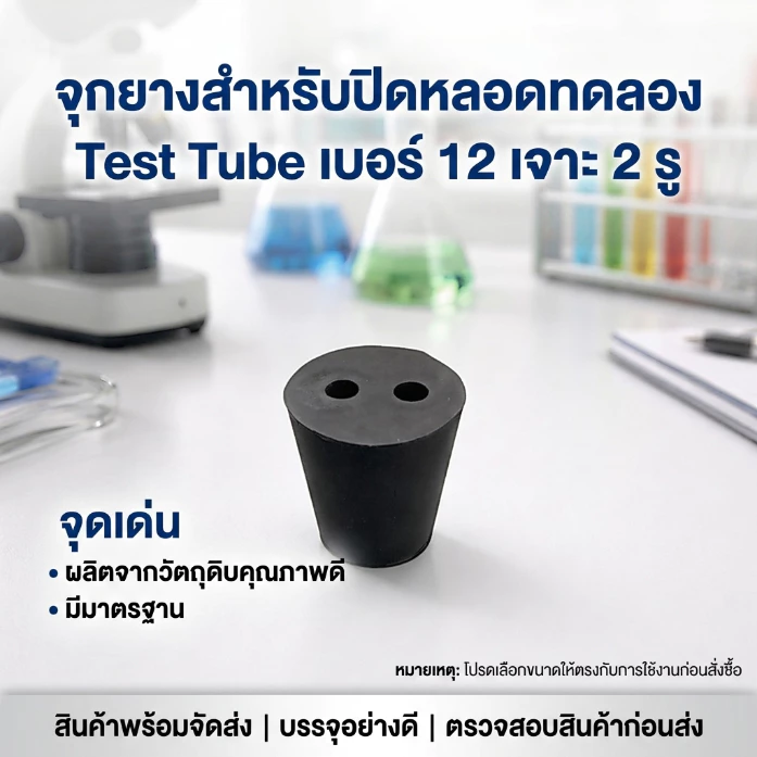จุกยางสำหรับปิดหลอดทดลอง test tube เบอร์ 12 เจาะ 2 รู