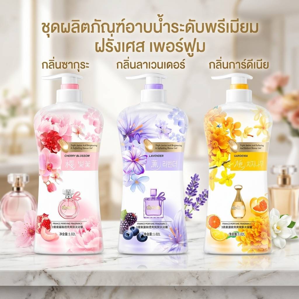 เจลอาบน้ำกลิ่นดอกไม้ ขนาด1.02L เจลอาบน้ำบำรุงผิวให้กระจ่างใสและสดชื่น สูตรผสมกรดอะมิโน 3 ชนิด กลิ่นหอมเข้มข้มติดทนนาน