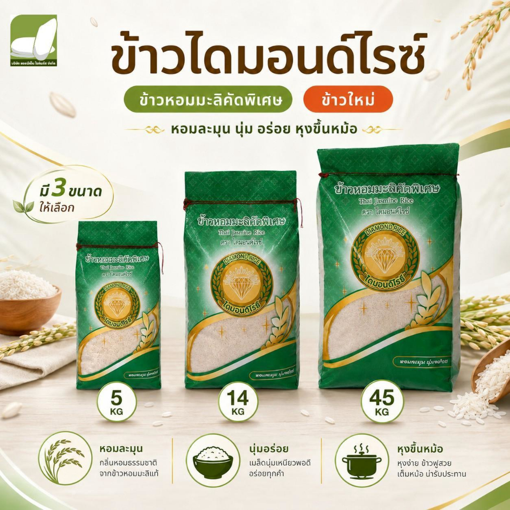 ข้าวหอมมะลิ(กลางปี) ตราไดมอนด์ไรซ์ Diamond Rice 14 / 45 กก.(ถุงเขียว)