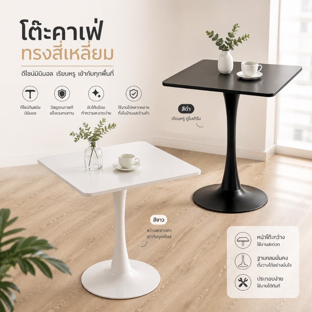 โต๊ะบาร์ โต๊ะกาแฟ ทรงเหลี่ยม มี 2 ขนาด 60*60*74 และ ขนาด70*70*74cm สีดำและสีขาว พร้อมส่ง