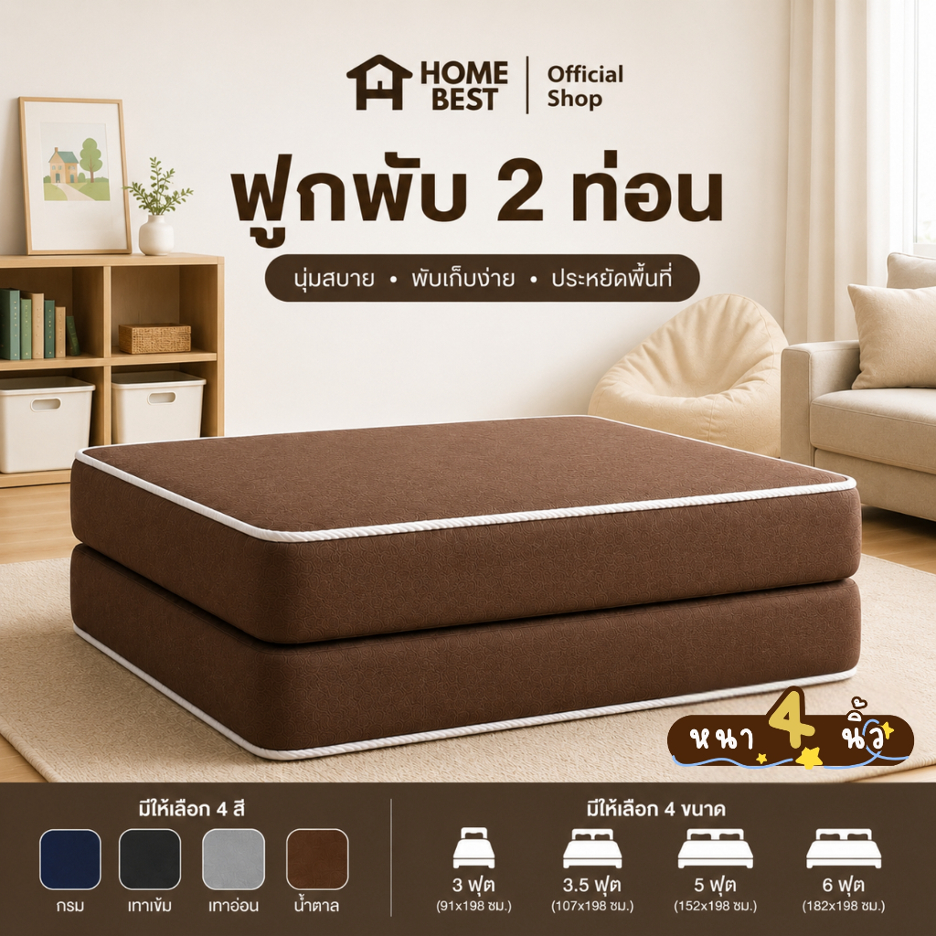 Home Best ฟูกที่นอนใยอัดแน่น พับ 2 ท่อน หนา 4 นิ้ว ไม่ยุบง่าย น้ำหนักเบาใช้งานได้สะดวก ซักได้ไม่อมน้ำ