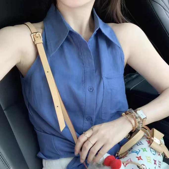 MKL เสื้อกั๊กแขนกุด คอปกทรงหลวม สีฟ้าเข้ม ผ้าใส่สบาย สไตล์สาวออฟฟิต พร้อมส่งในไทย#CS5202