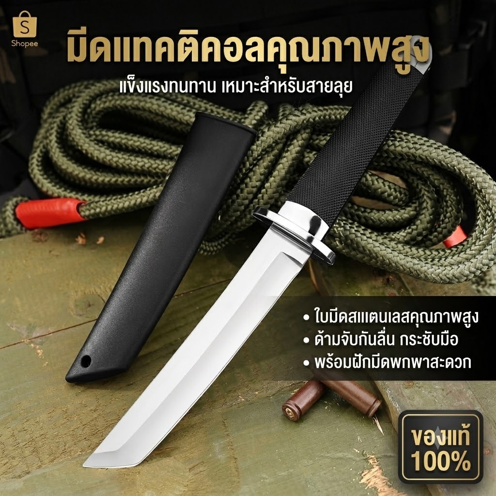 มีดทำครัวพร้อมปลอก ใบมีดหนา 3 มม. ด้ามจับทำจากวัสดุ ABS กันลื่น