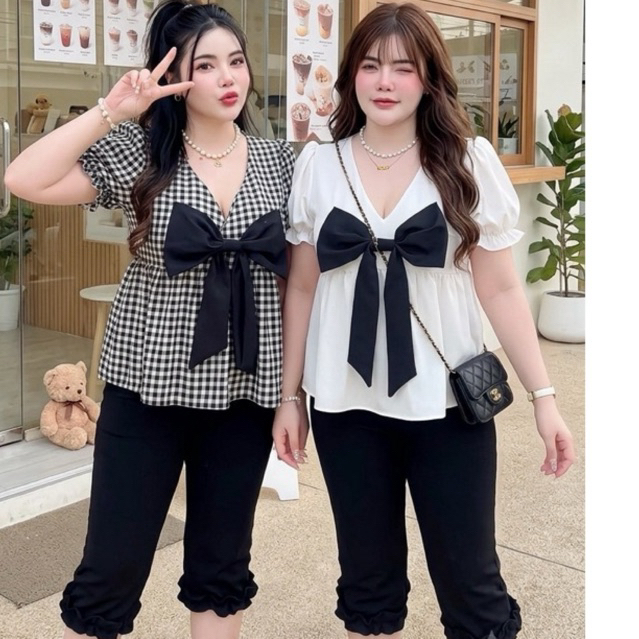 ชุดเซตเสื้อแต่งโบว์รุ่นแพคเค้ก+กางเกงเกี๊ยวสีดำ อก36-46 เอว30-40 สพ44-46