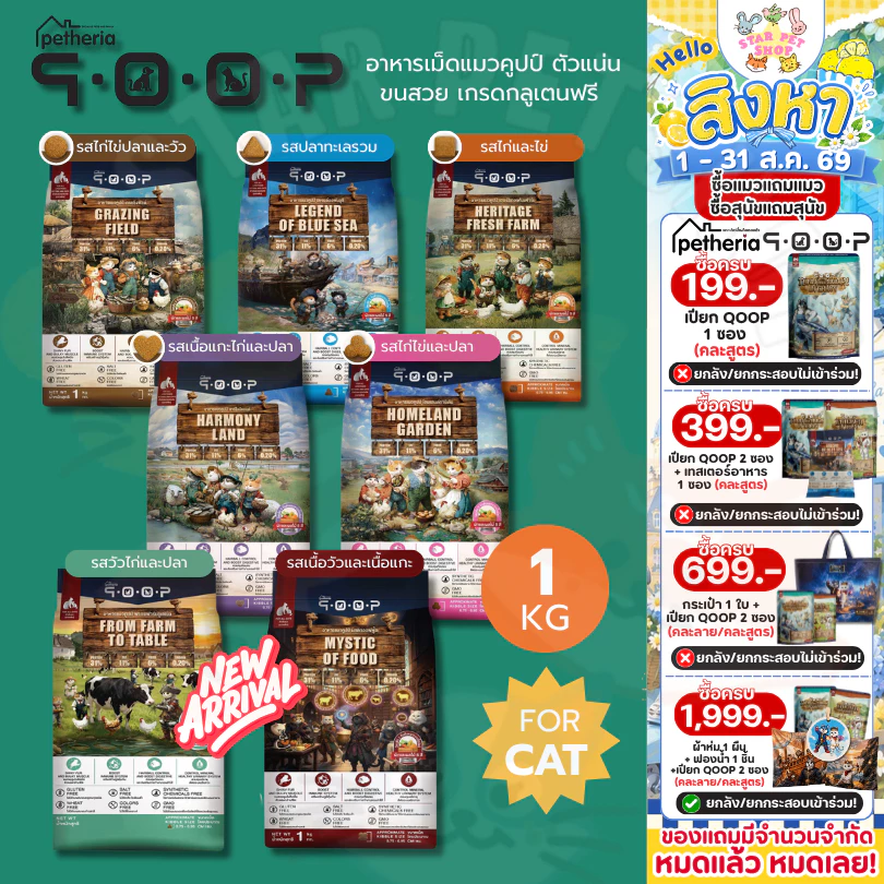 Petheria QOOP อาหารเม็ดแมวคูปป์ ตัวแน่น ขนสวย เกรดกลูเตนฟรี สำหรับแมวทุกช่วงวัย ทุกสายพันธ์ ขนาด 1 กิโลกรัม