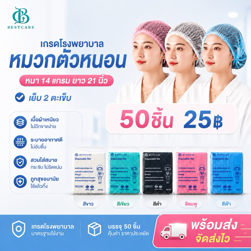 ✔️ส่งไวปานจรวด✔️หมวกตัวหนอนBESTCARE (ตรงปก)เกรด รพ 50ชิ้น ยา