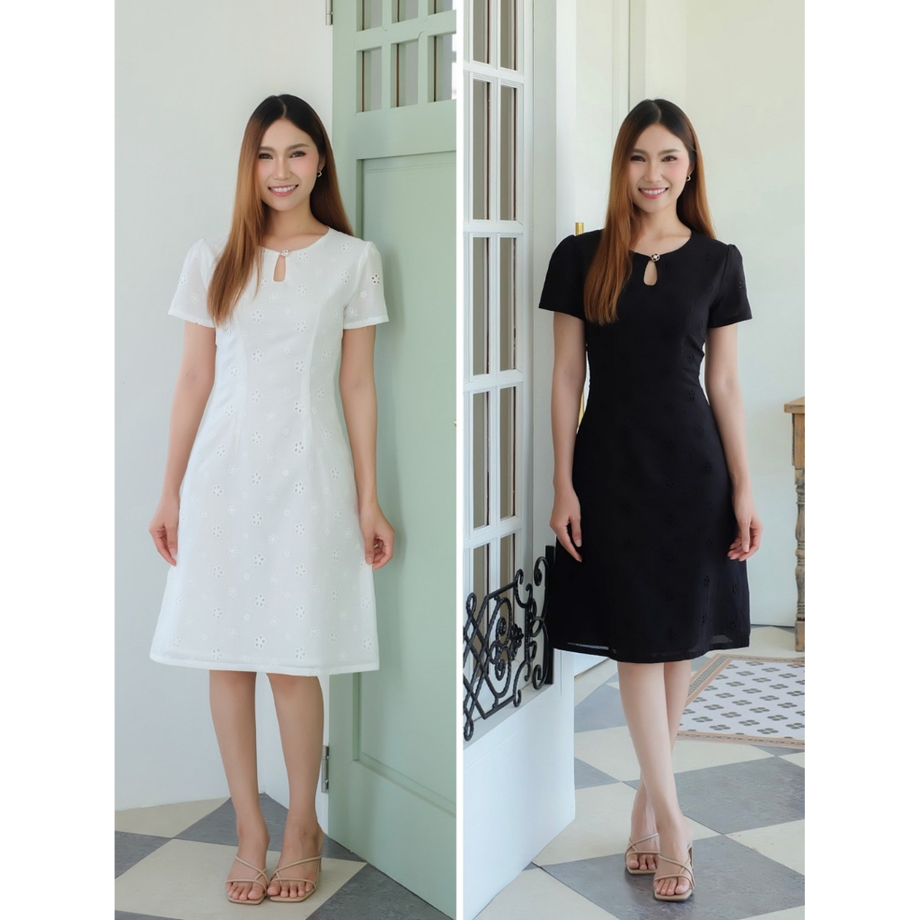 KK011 | เดรสคอหยดน้ำติดกระดุม เข้ารูปทรงเอ(ผ้าคอตตอนฉลุ) เช็คขนาดก่อนสั่งนะคะ