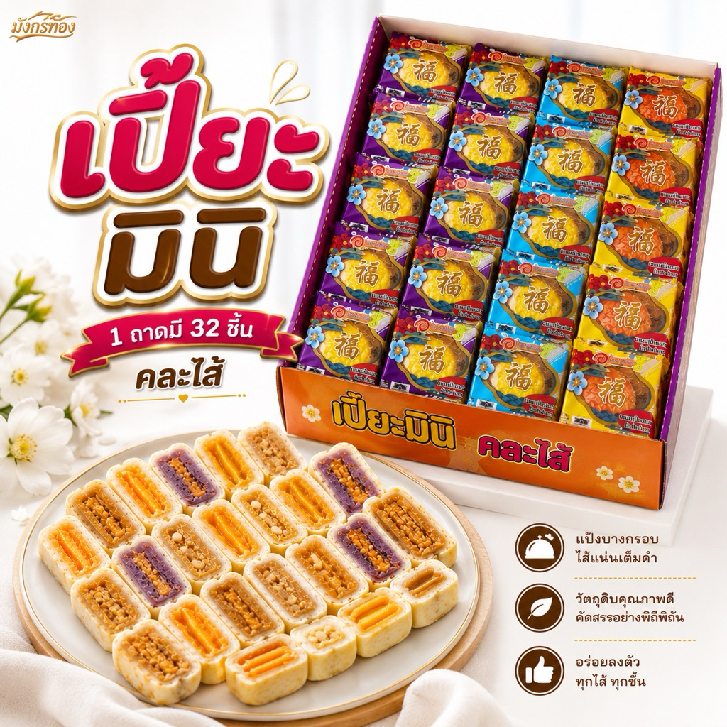 [ยกถาด]อร่อยซอย8 ขนมเปี๊ยะมินิ รุ่นถาดพิซซ่า สูตรแป้งบาง แป้งนิ่ม  1 ถาด มี 32 ชิ้น