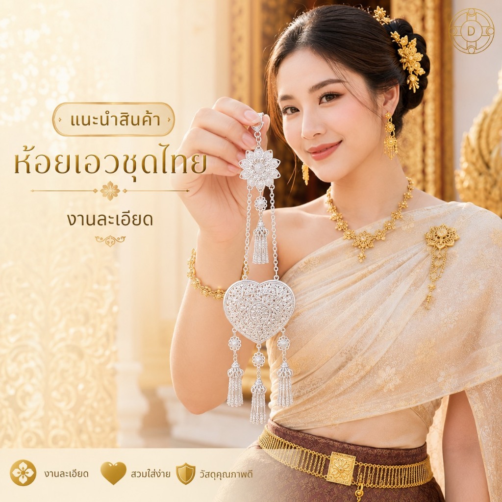 จี้ห้อยข้างเข็มขัดชุดไทย ดีไซน์หัวใจ อ่อนช้อย สำหรับเจ้าสาวและนางรำ งานเทศกาลท้องถิ่น